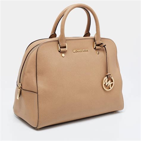 michael kors beige leather purse|Michael Kors opened satchel purse.